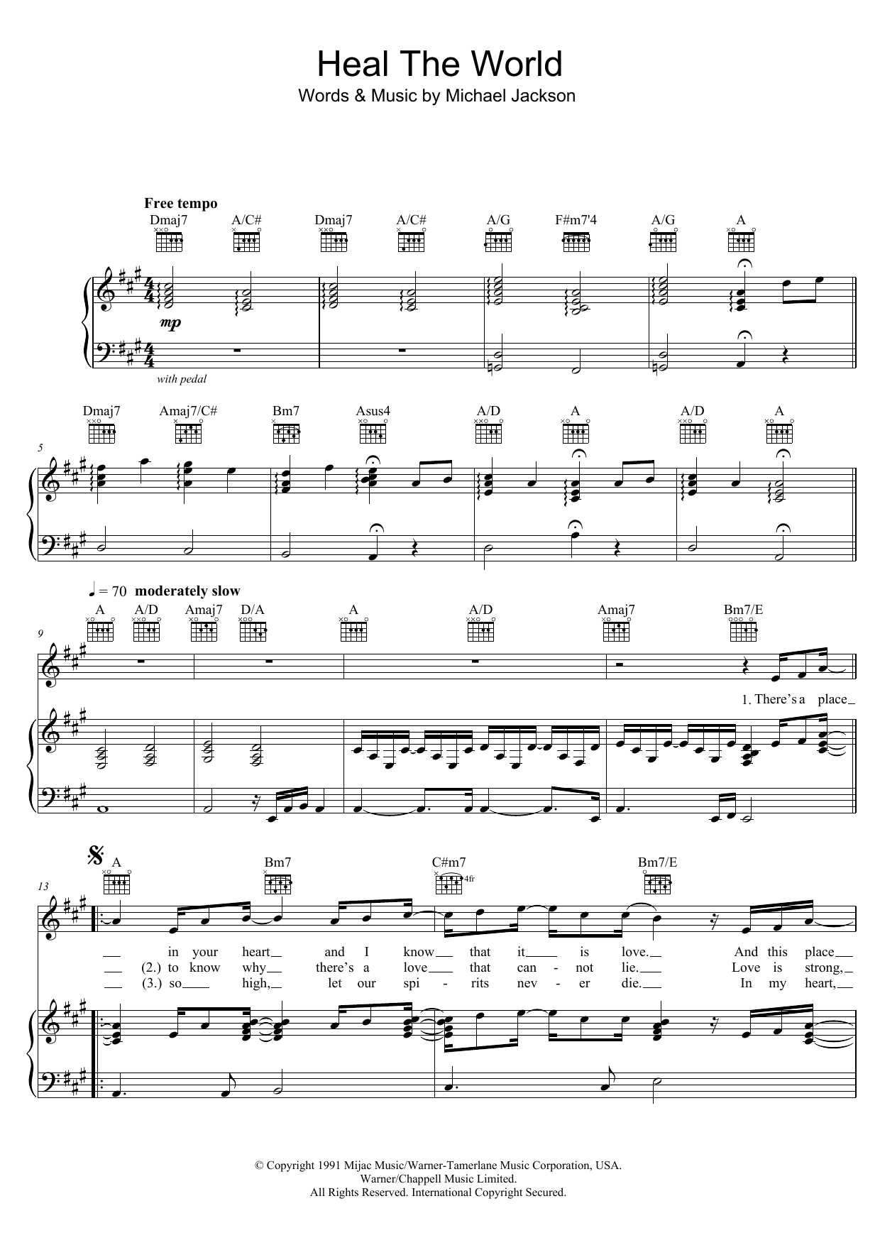 Michael Jackson Heal The World sheet music notes and chords arranged for Piano, Vocal & Guitar Chords (Right-Hand Melody)