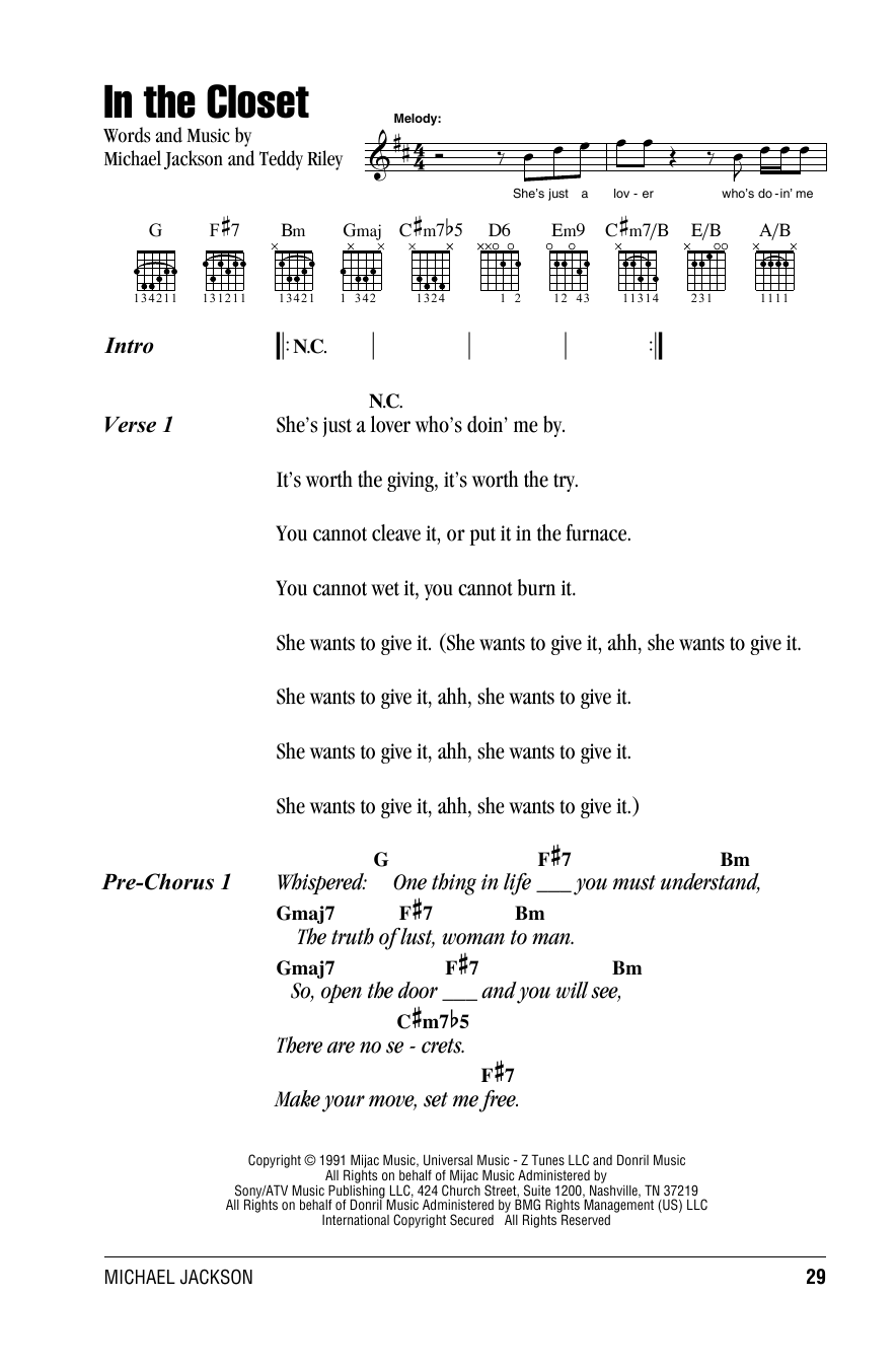 Michael Jackson In The Closet sheet music notes and chords arranged for Guitar Chords/Lyrics