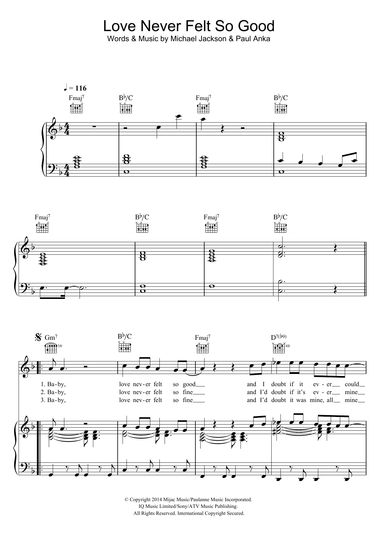 Michael Jackson Love Never Felt So Good sheet music notes and chords arranged for Piano, Vocal & Guitar Chords