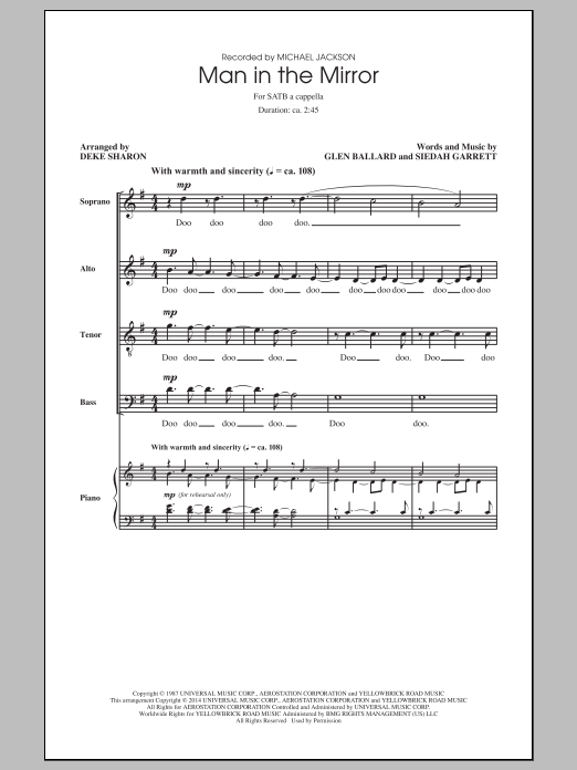 Michael Jackson Man In The Mirror (arr. Deke Sharon) sheet music notes and chords arranged for SATB Choir