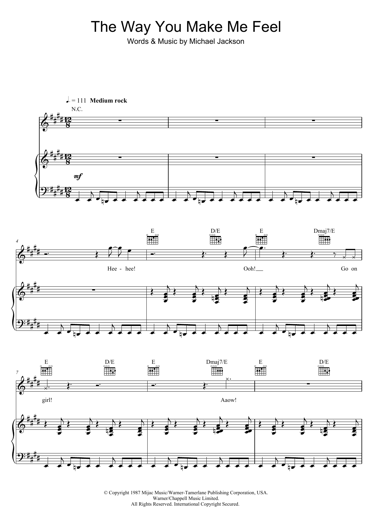 Michael Jackson The Way You Make Me Feel sheet music notes and chords arranged for Piano, Vocal & Guitar Chords