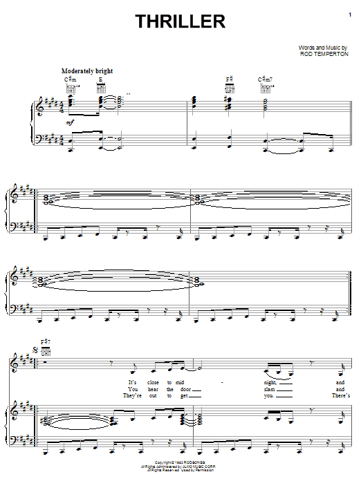 Michael Jackson Thriller sheet music notes and chords arranged for Piano, Vocal & Guitar Chords (Right-Hand Melody)