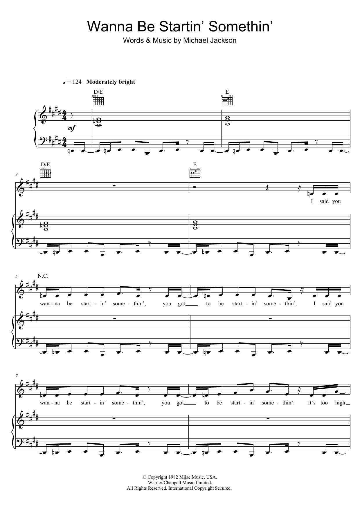 Michael Jackson Wanna Be Startin' Somethin' sheet music notes and chords arranged for Piano, Vocal & Guitar Chords