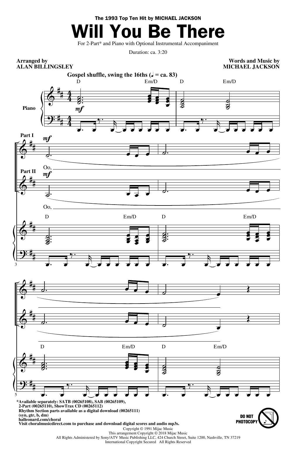 Michael Jackson Will You Be There (arr. Alan Billingsley) sheet music notes and chords arranged for 2-Part Choir