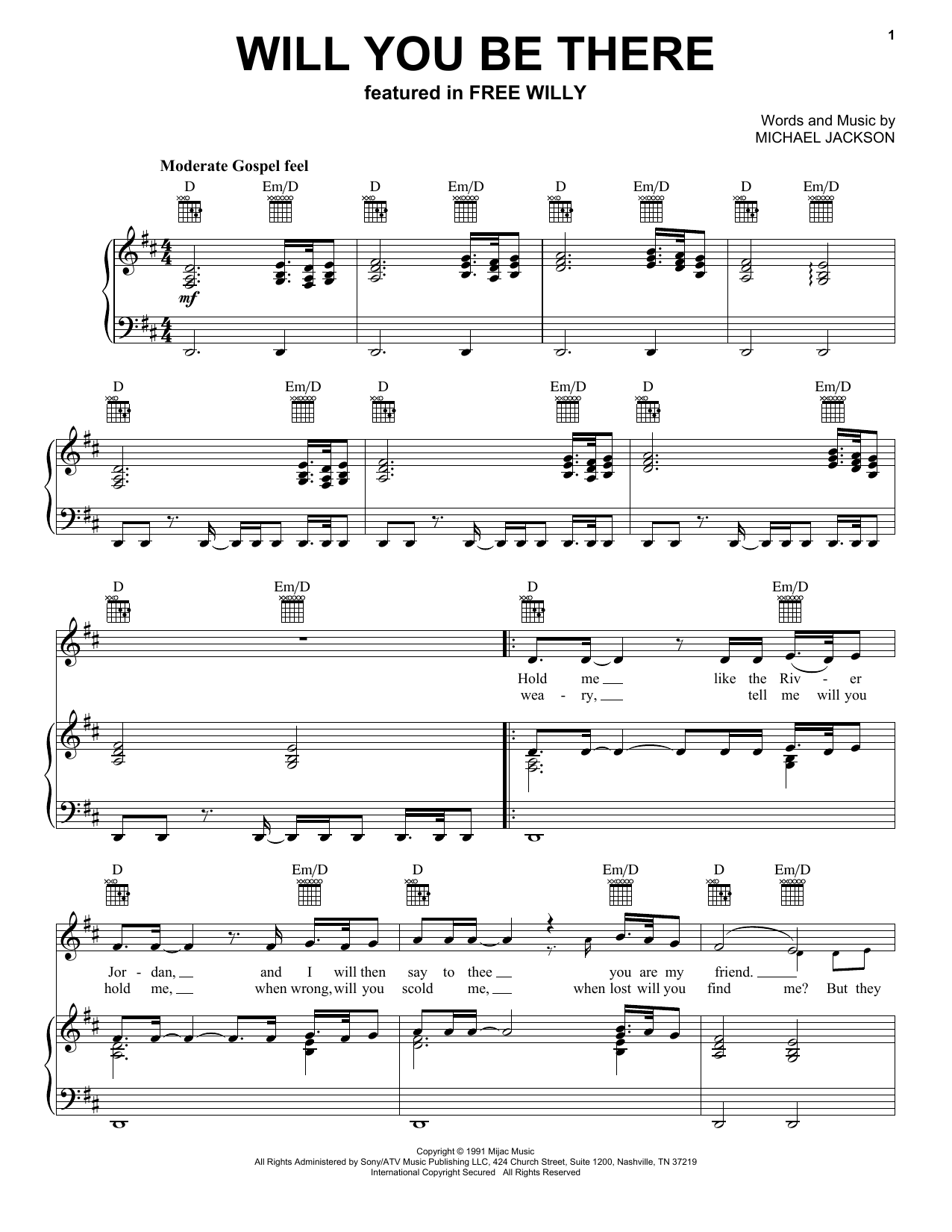 Michael Jackson Will You Be There (Theme from Free Willy) sheet music notes and chords arranged for Piano, Vocal & Guitar Chords (Right-Hand Melody)