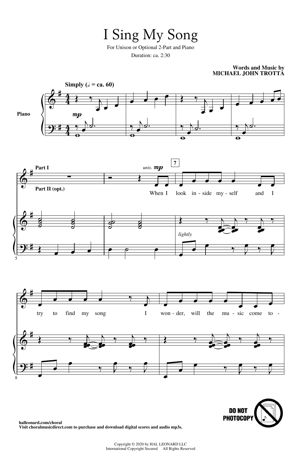 Michael John Trotta I Sing My Song sheet music notes and chords arranged for 2-Part Choir