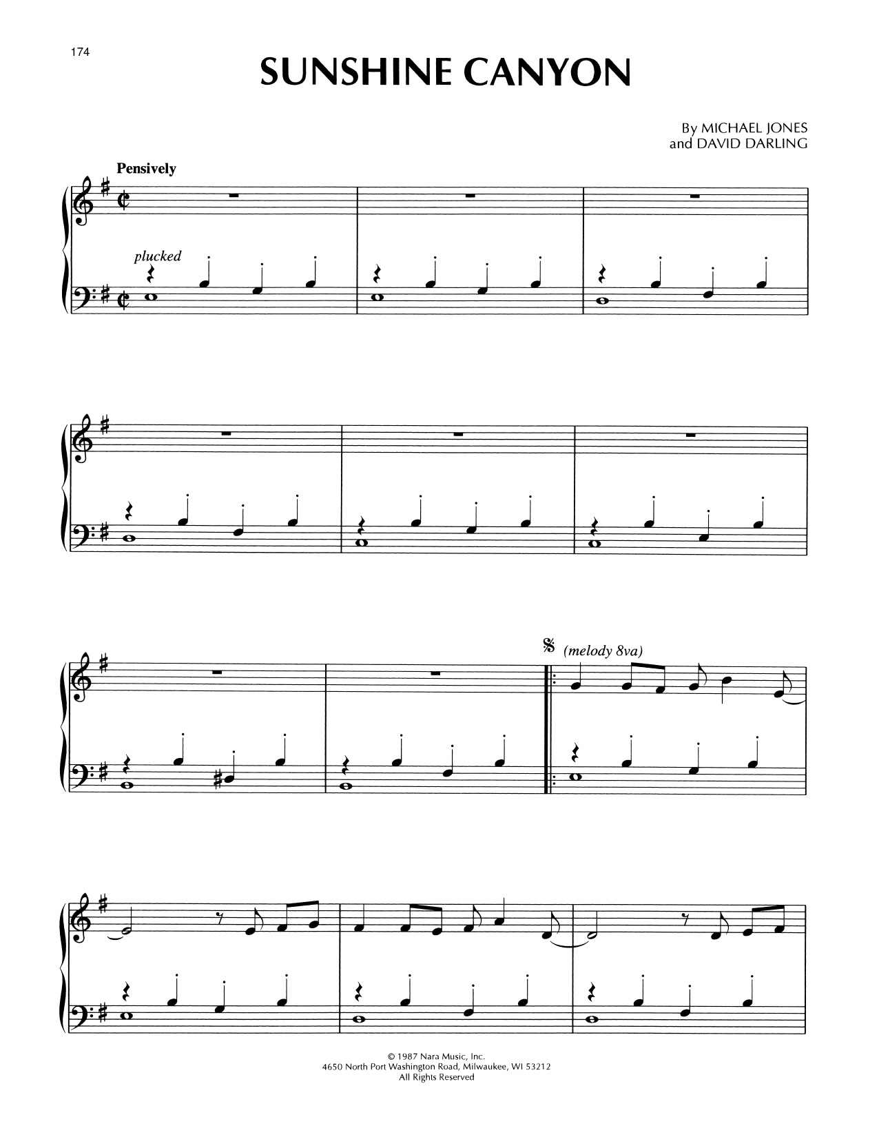 Michael Jones and David Darling Sunshine Canyon sheet music notes and chords arranged for Piano Solo