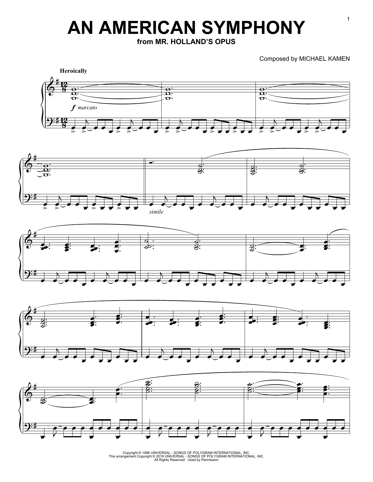 Michael Kamen An American Symphony sheet music notes and chords arranged for Easy Piano