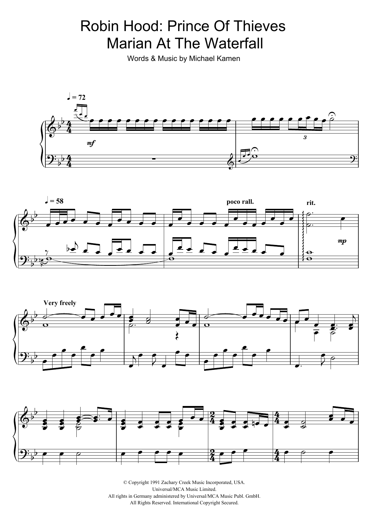 Michael Kamen Robin Hood: Prince Of Thieves (Marian At The Waterfall) sheet music notes and chords arranged for Piano Solo