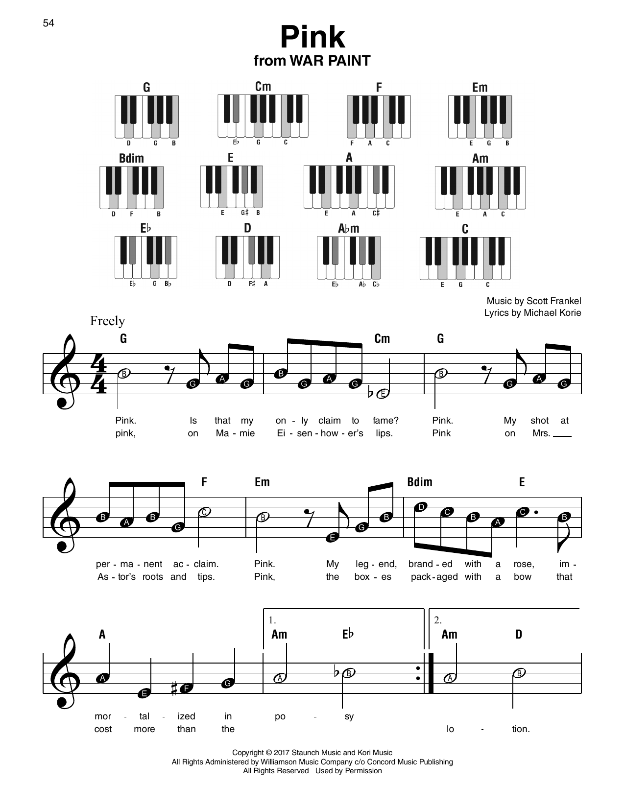 Michael Korie Pink (from War Paint) sheet music notes and chords arranged for Super Easy Piano