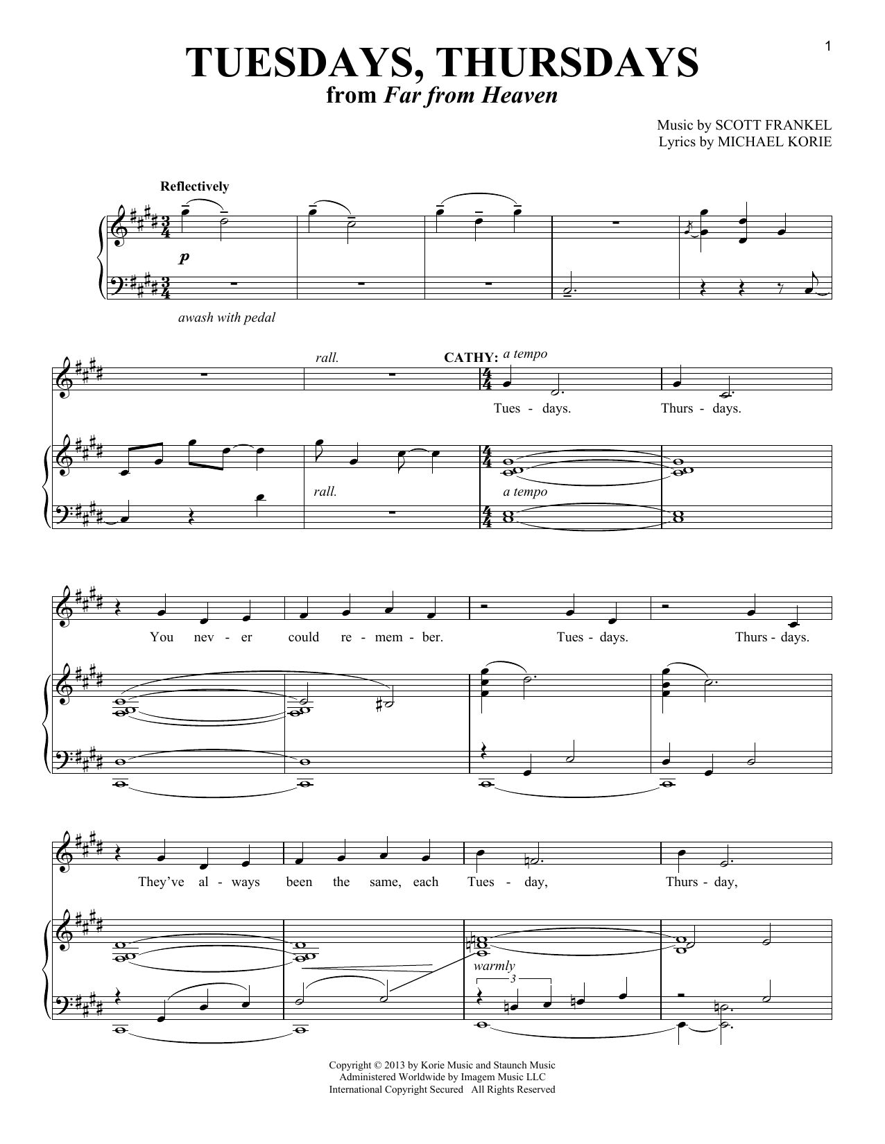 Michael Korie Tuesdays, Thursdays sheet music notes and chords arranged for Piano & Vocal