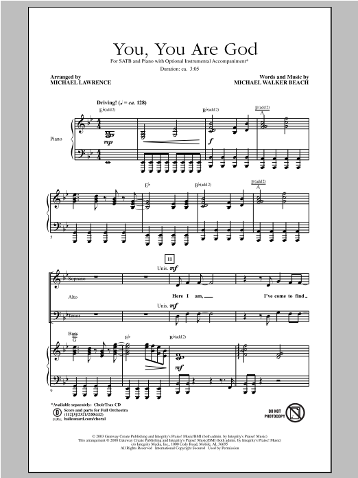 Michael Lawrence You, You Are God sheet music notes and chords arranged for SATB Choir