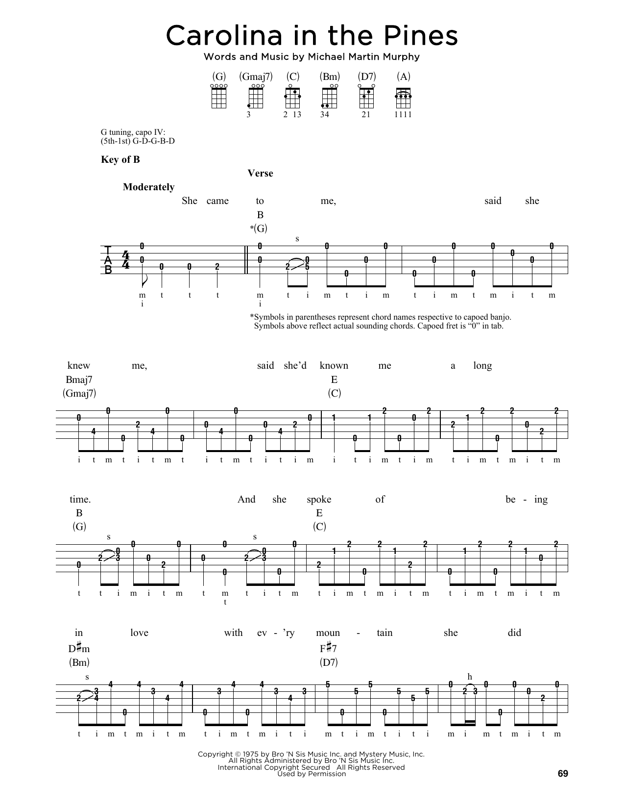 Michael Martin Murphy Carolina In The Pines sheet music notes and chords arranged for Banjo Tab