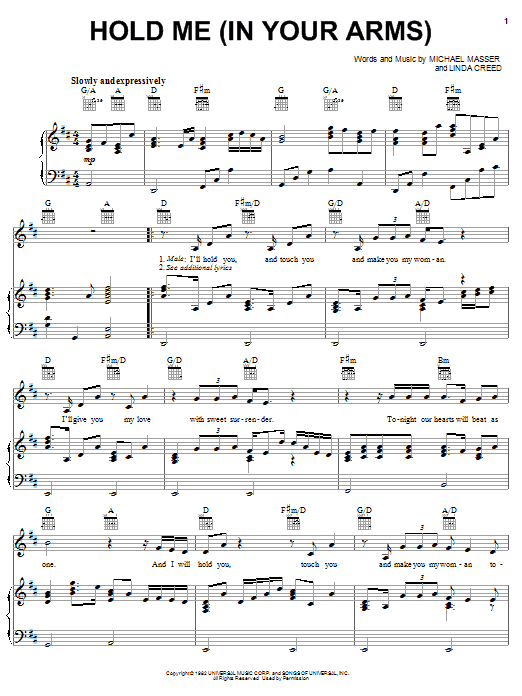 Michael Masser Hold Me (In Your Arms) sheet music notes and chords arranged for Piano, Vocal & Guitar Chords (Right-Hand Melody)