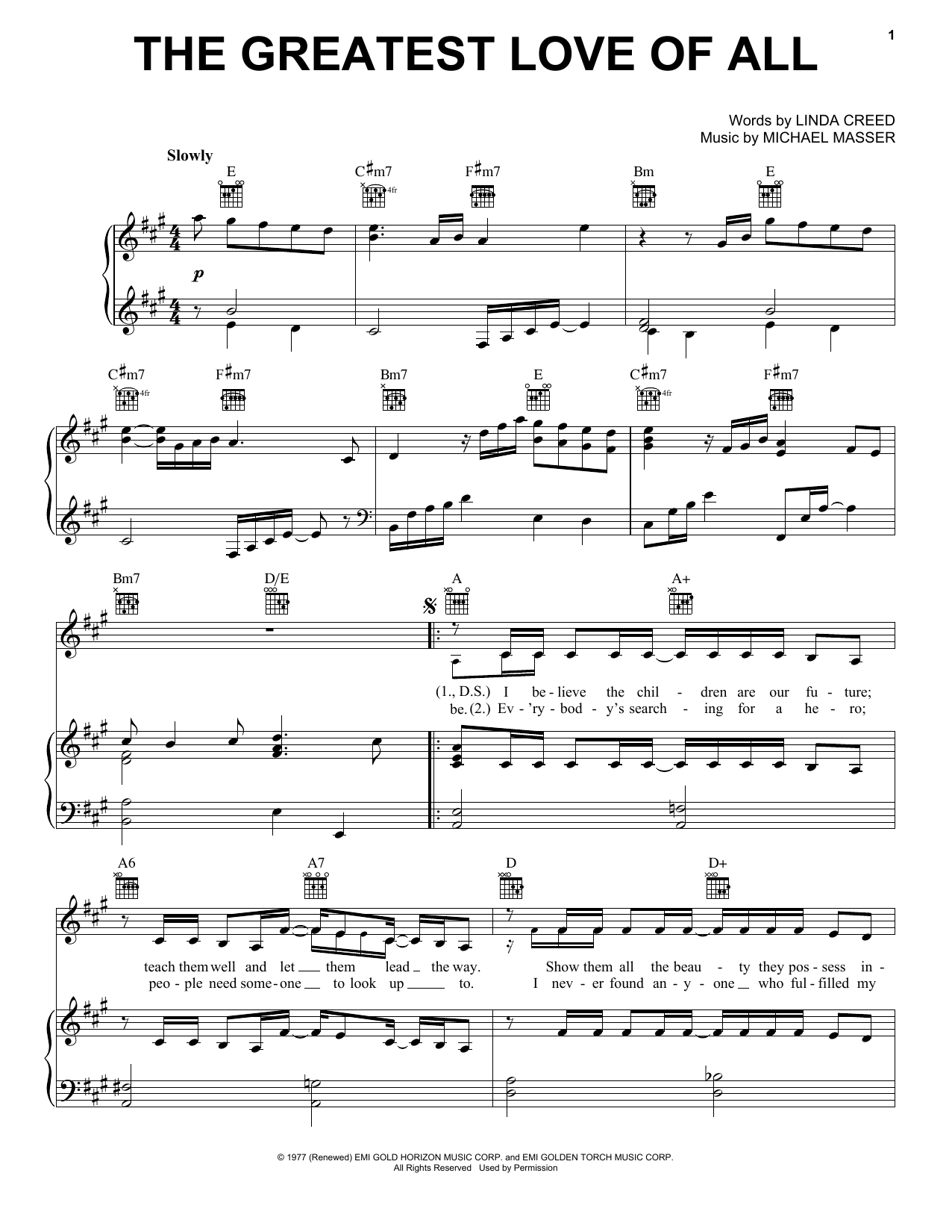 Michael Masser The Greatest Love Of All sheet music notes and chords arranged for Piano, Vocal & Guitar Chords (Right-Hand Melody)