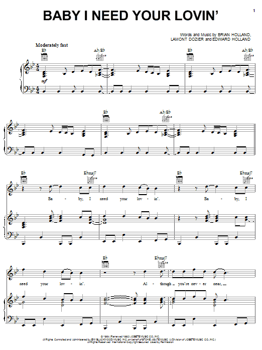 Michael McDonald Baby I Need Your Lovin' sheet music notes and chords arranged for Piano, Vocal & Guitar Chords (Right-Hand Melody)