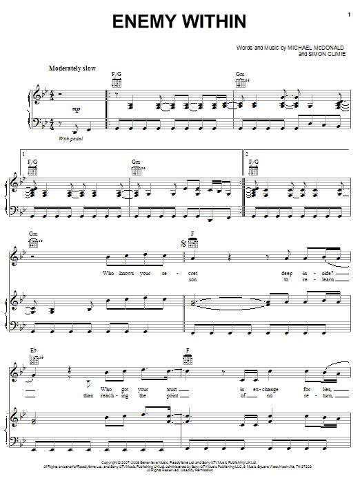 Michael McDonald Enemy Within sheet music notes and chords arranged for Piano, Vocal & Guitar Chords (Right-Hand Melody)