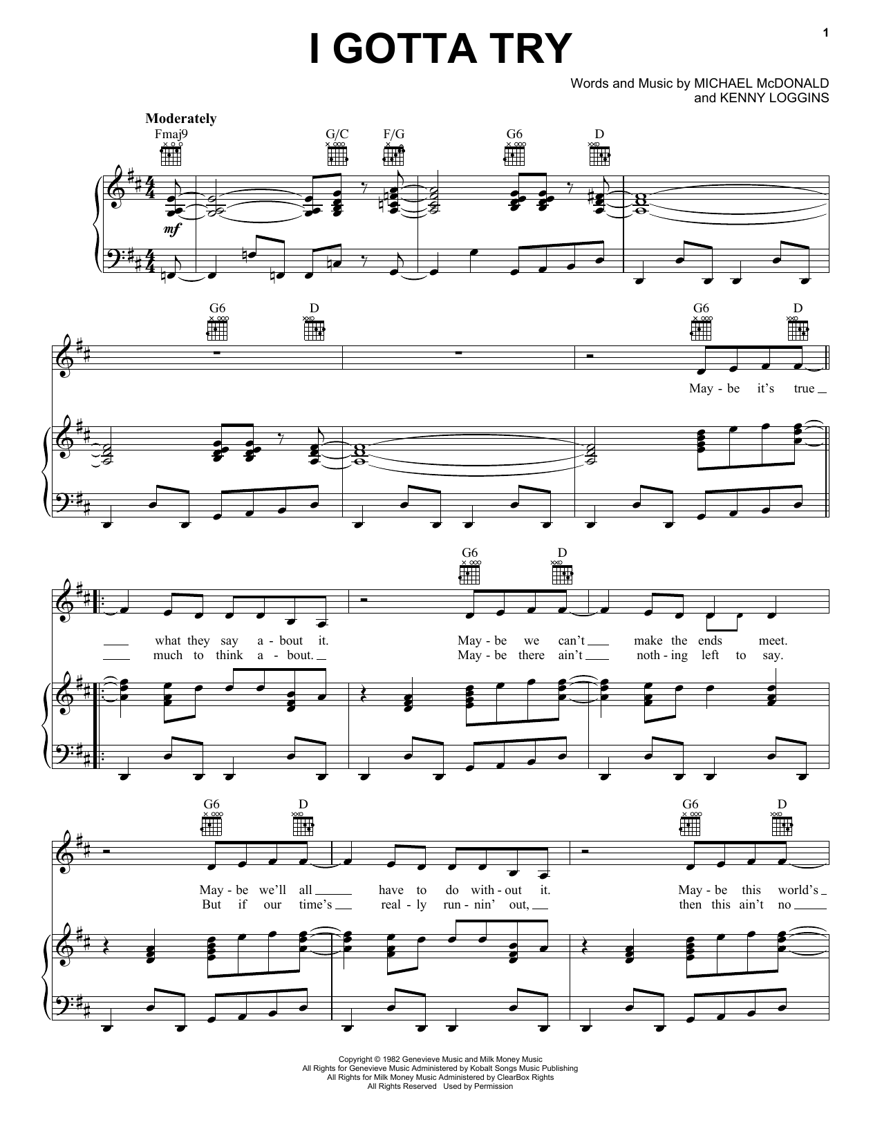 Michael McDonald I Gotta Try sheet music notes and chords arranged for Piano, Vocal & Guitar Chords (Right-Hand Melody)