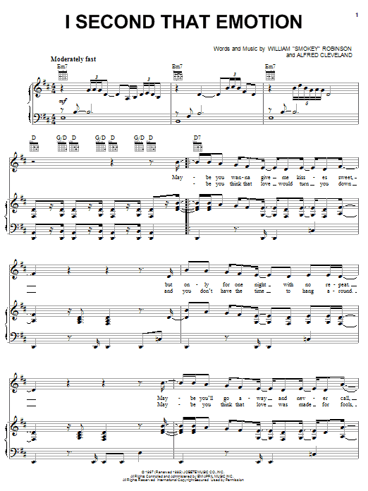 Michael McDonald I Second That Emotion sheet music notes and chords arranged for Piano, Vocal & Guitar Chords (Right-Hand Melody)