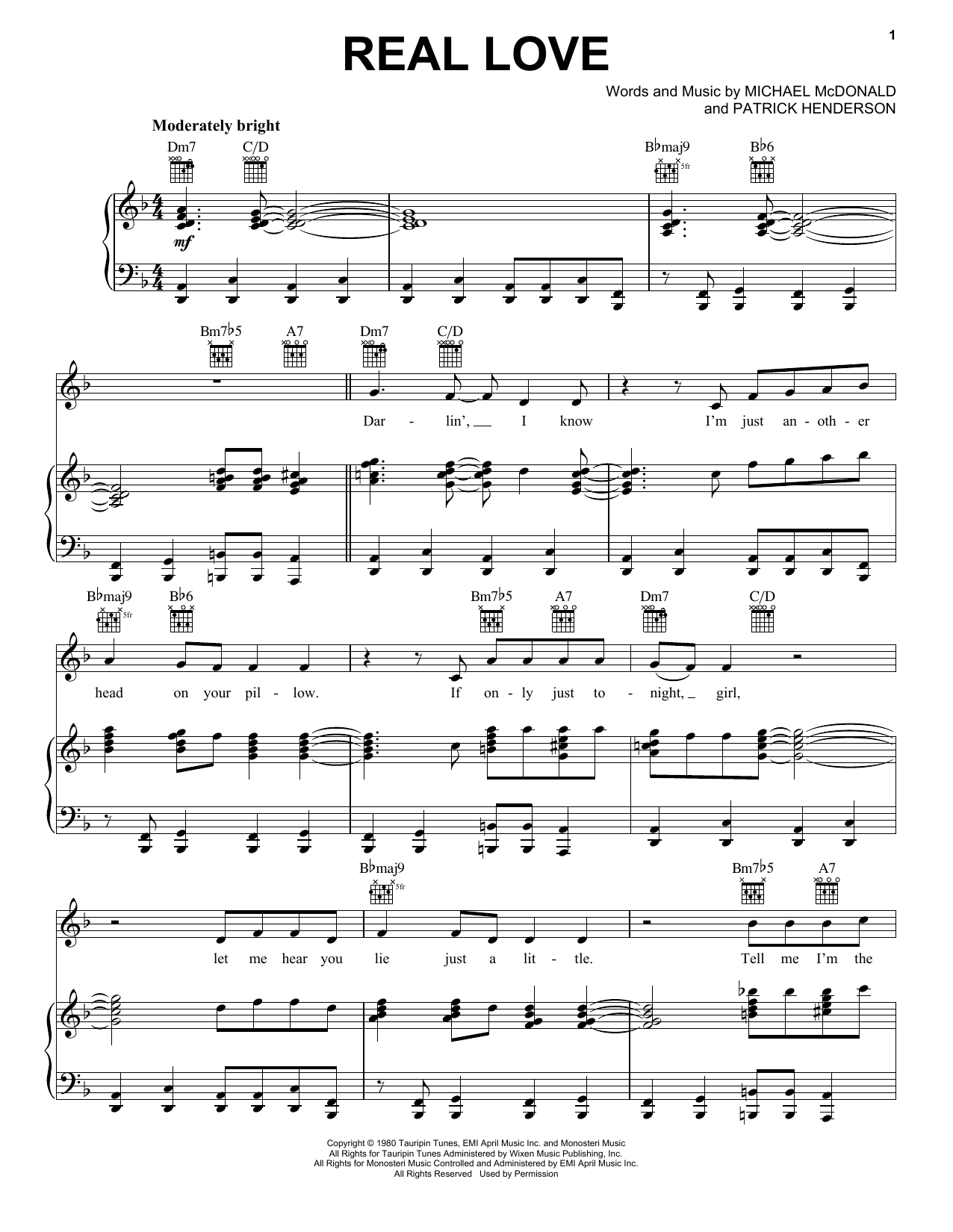 Michael McDonald Real Love sheet music notes and chords arranged for Piano, Vocal & Guitar Chords (Right-Hand Melody)