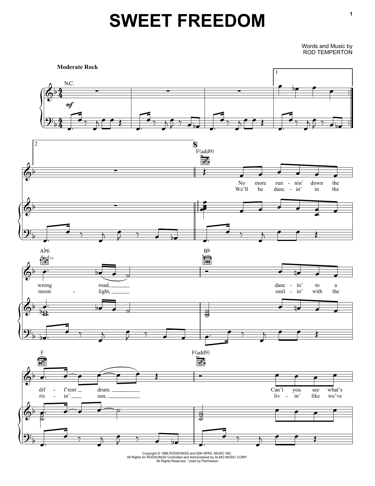 Michael McDonald Sweet Freedom sheet music notes and chords arranged for Piano, Vocal & Guitar Chords (Right-Hand Melody)