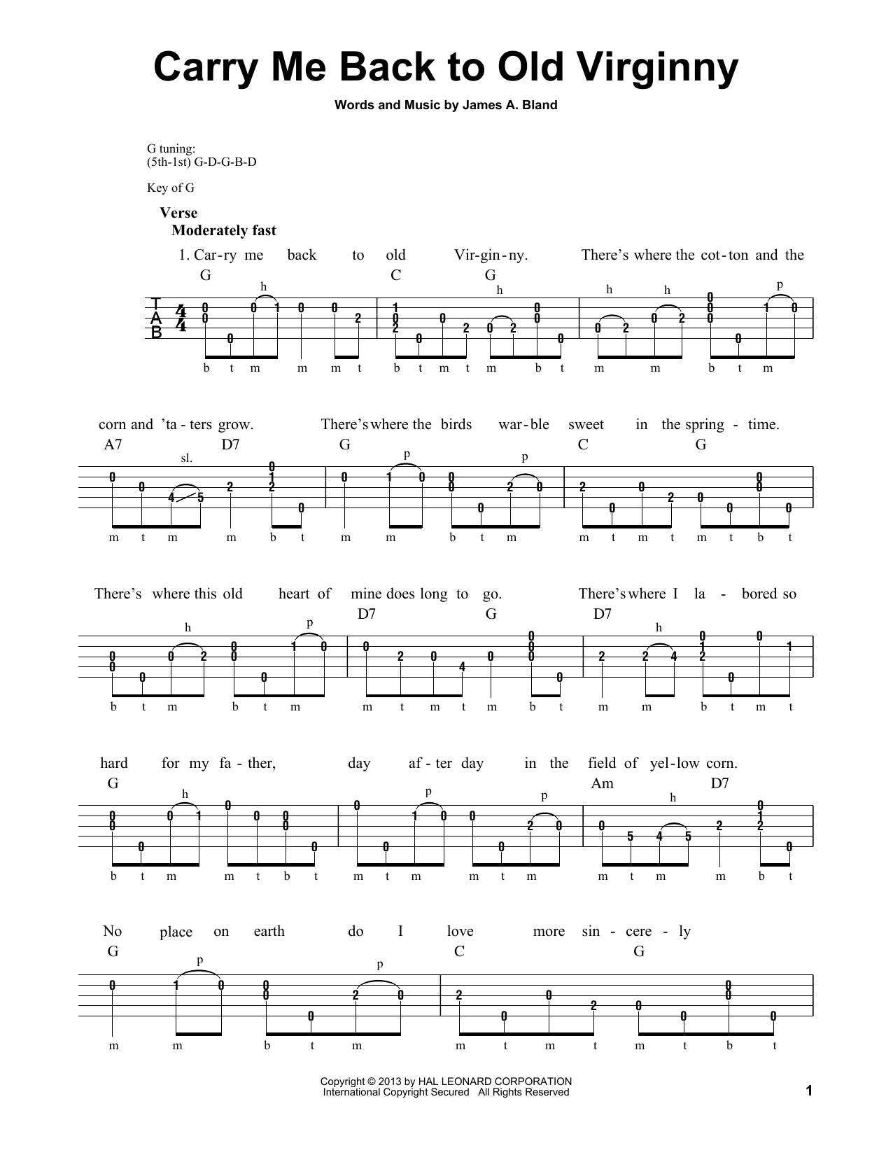 Michael Miles Carry Me Back To Old Virginny sheet music notes and chords arranged for Banjo Tab