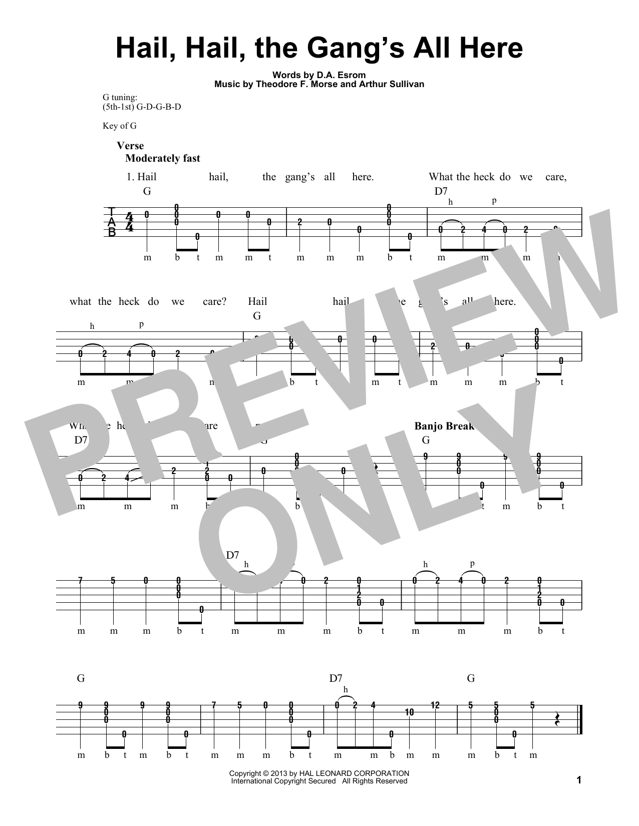 Michael Miles Hail, Hail, The Gang's All Here sheet music notes and chords arranged for Banjo Tab
