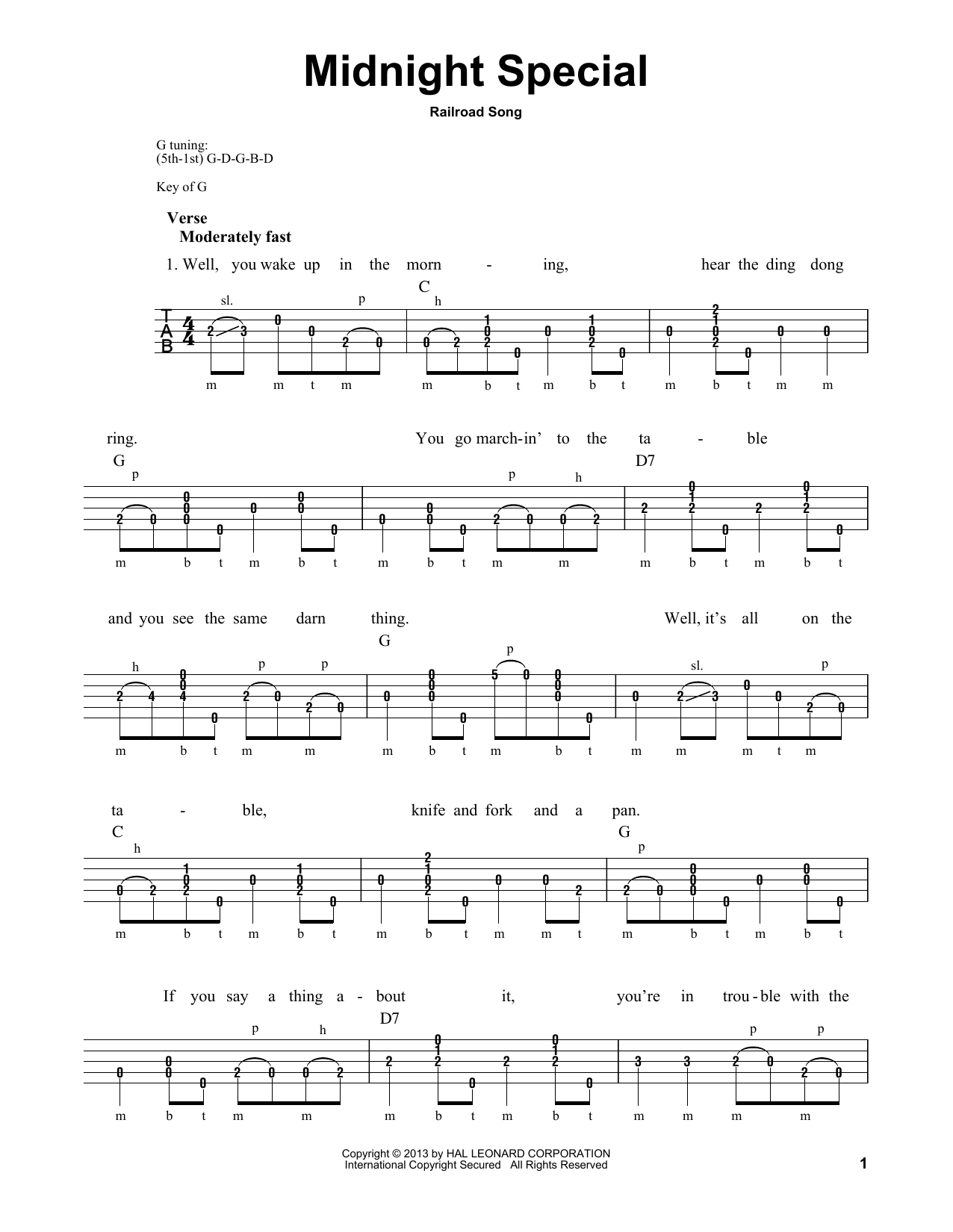 Michael Miles Midnight Special sheet music notes and chords arranged for Banjo Tab