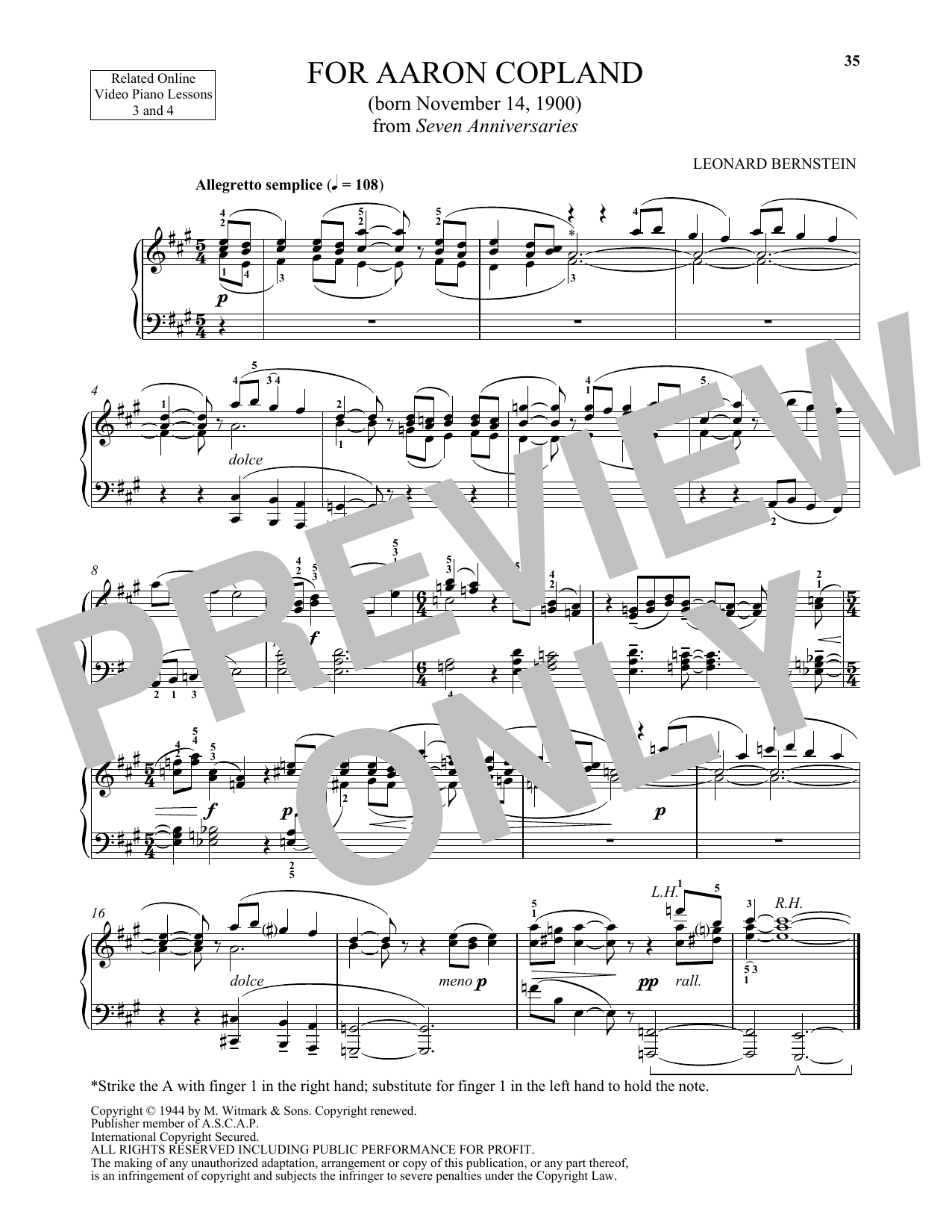 Michael Mizrahi For Aaron Copland sheet music notes and chords arranged for Piano Solo