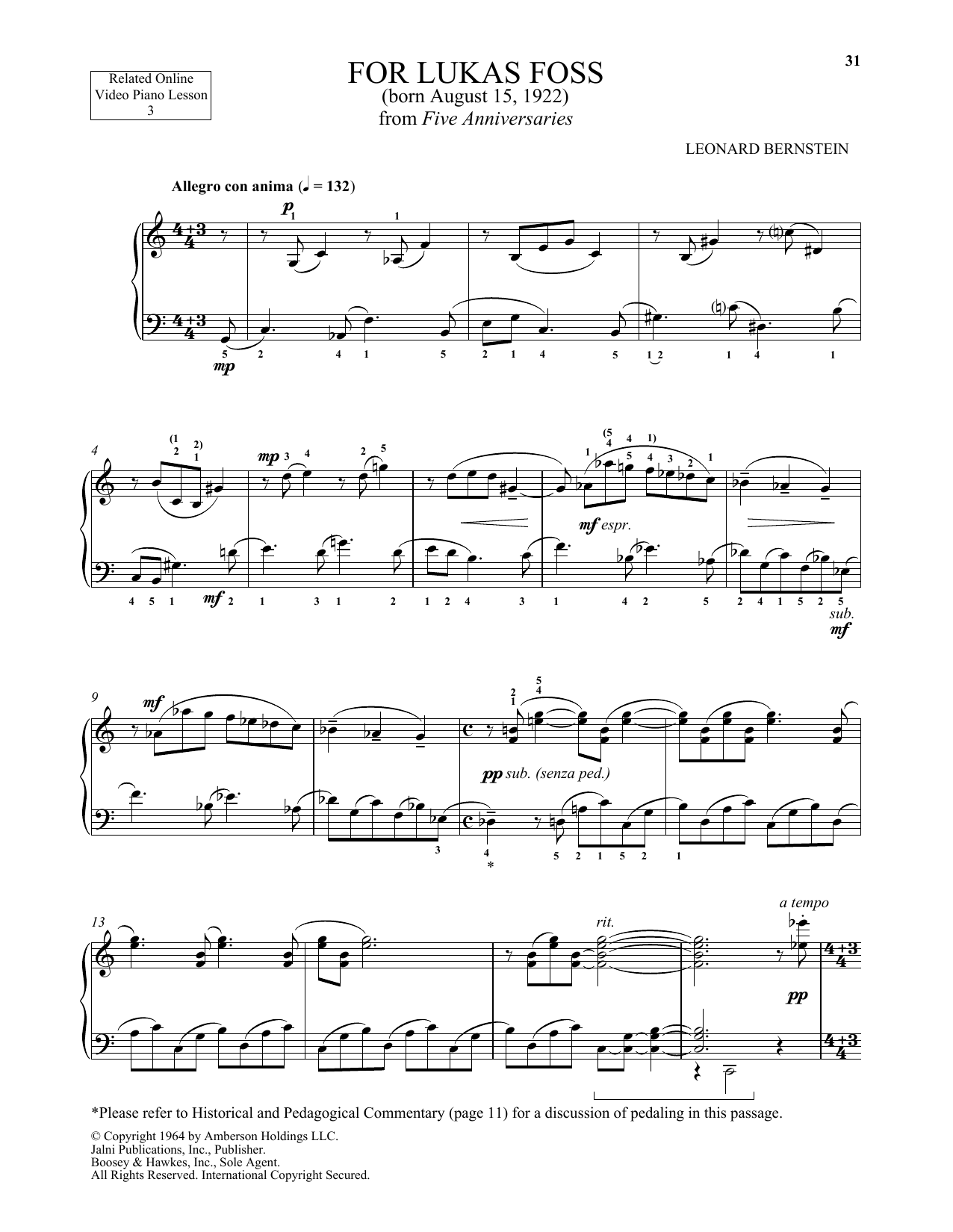 Michael Mizrahi For Lukas Foss sheet music notes and chords arranged for Piano Solo