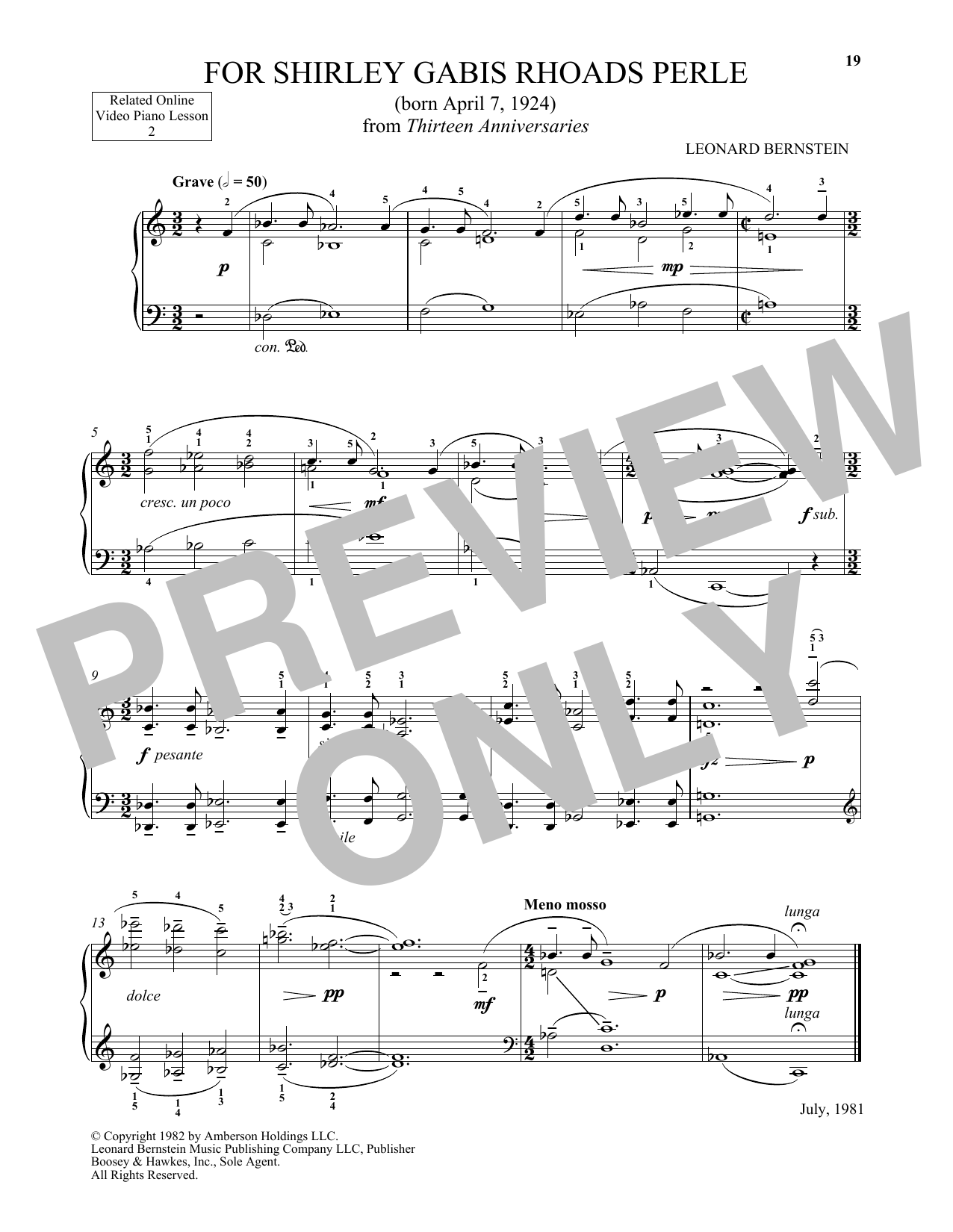 Michael Mizrahi For Shirley Gabis Rhoads Perle sheet music notes and chords arranged for Piano Solo