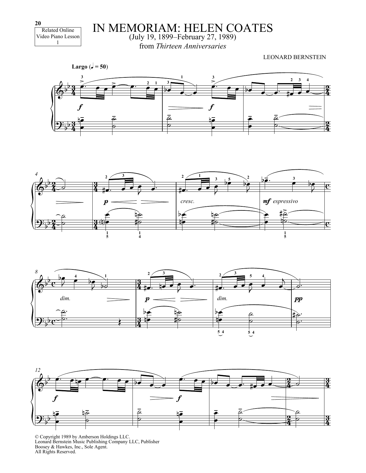 Michael Mizrahi In Memoriam: Helen Coates sheet music notes and chords arranged for Piano Solo