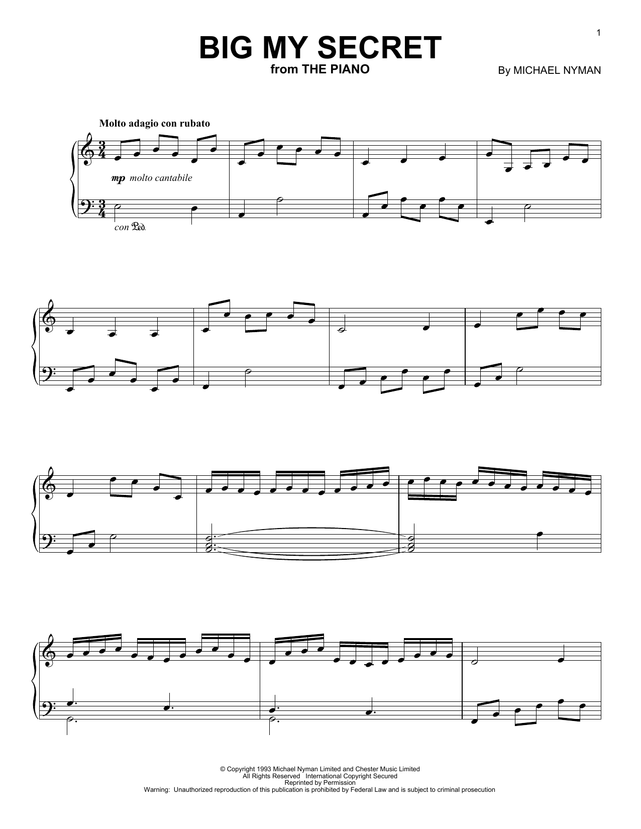 Michael Nyman Big My Secret (from The Piano) sheet music notes and chords arranged for Easy Piano