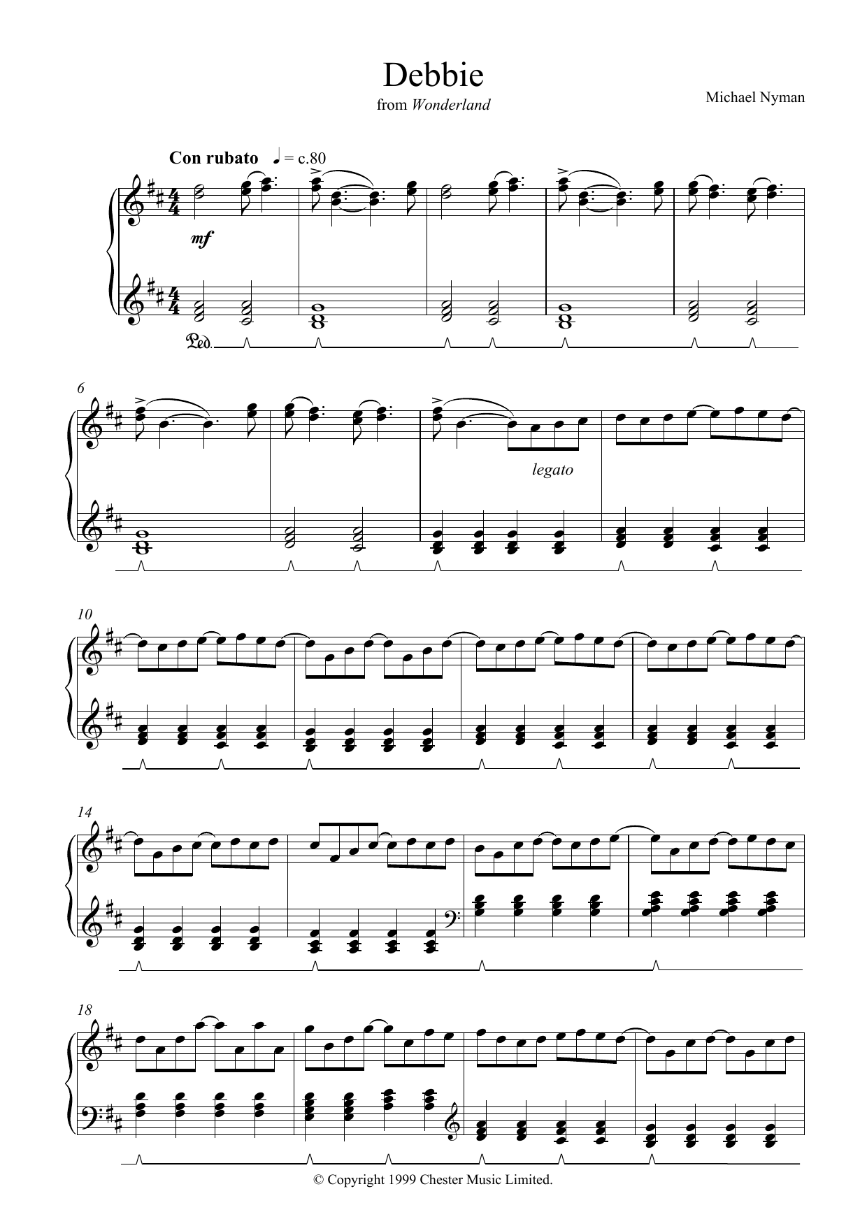 Michael Nyman Debbie (from Wonderland) sheet music notes and chords arranged for Piano Solo