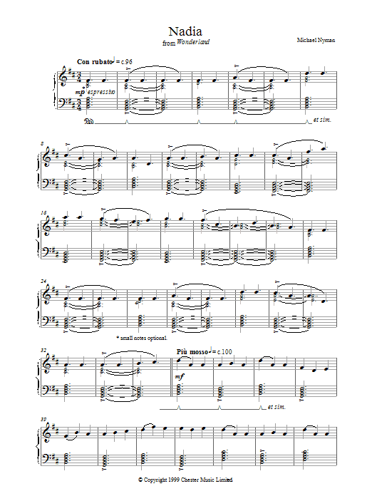 Michael Nyman Nadia sheet music notes and chords arranged for Piano Solo