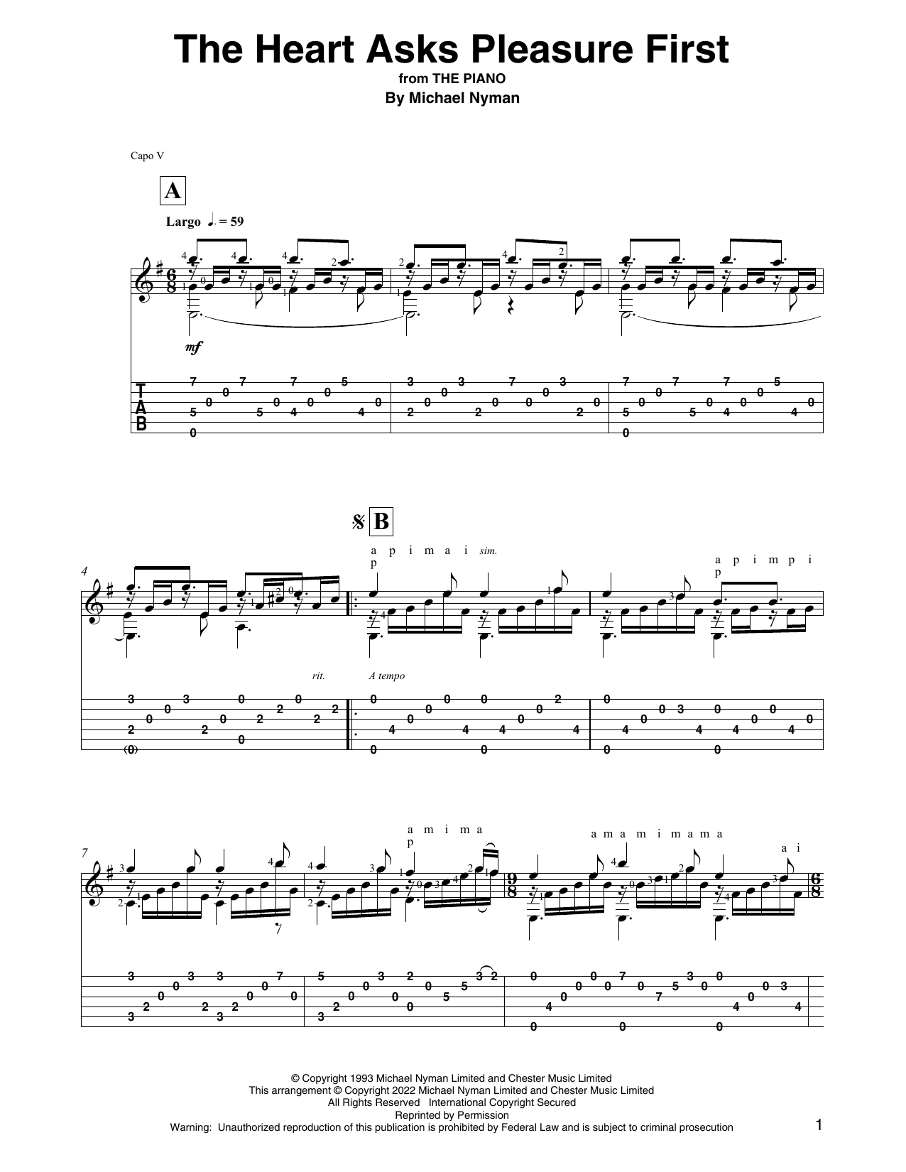 Michael Nyman The Heart Asks Pleasure First (from The Piano) (arr. David Jaggs) sheet music notes and chords arranged for Solo Guitar