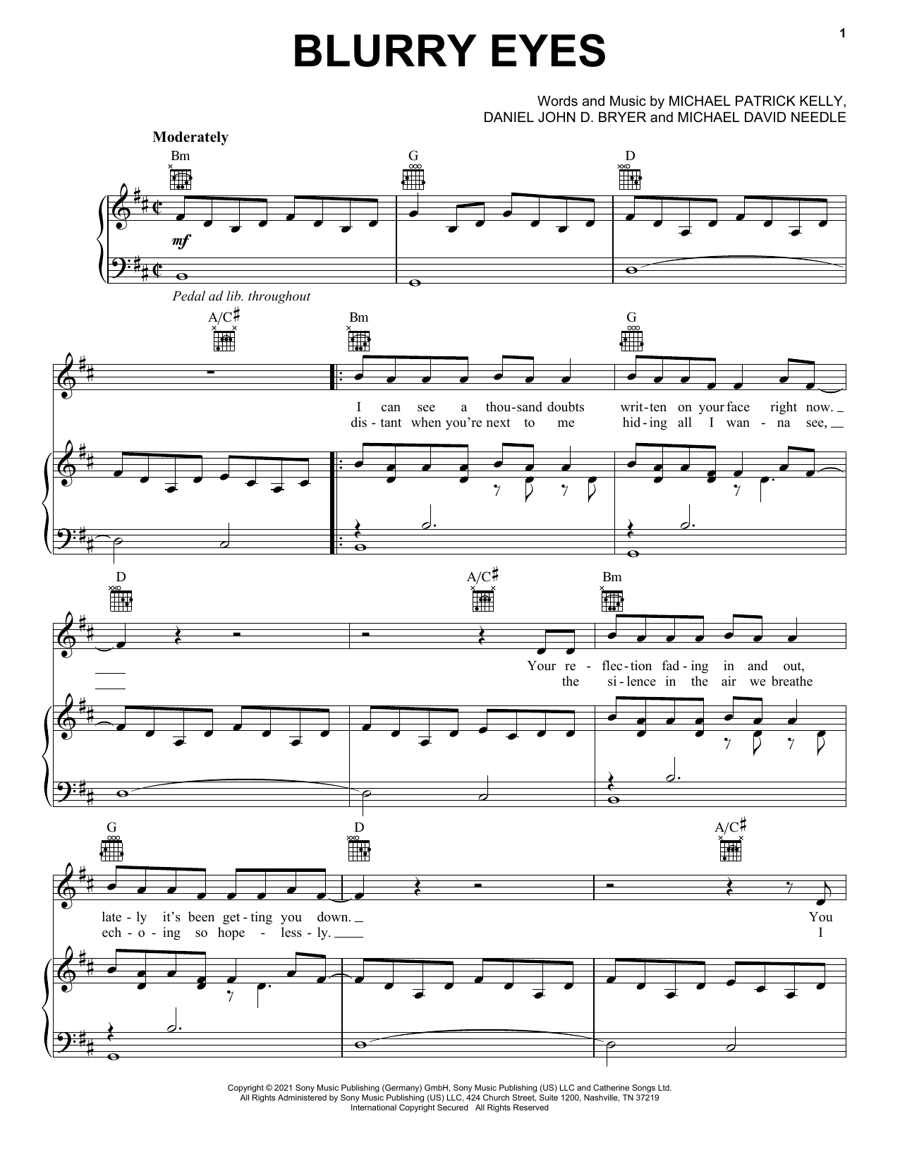 Michael Patrick Kelly Blurry Eyes sheet music notes and chords arranged for Piano, Vocal & Guitar Chords (Right-Hand Melody)
