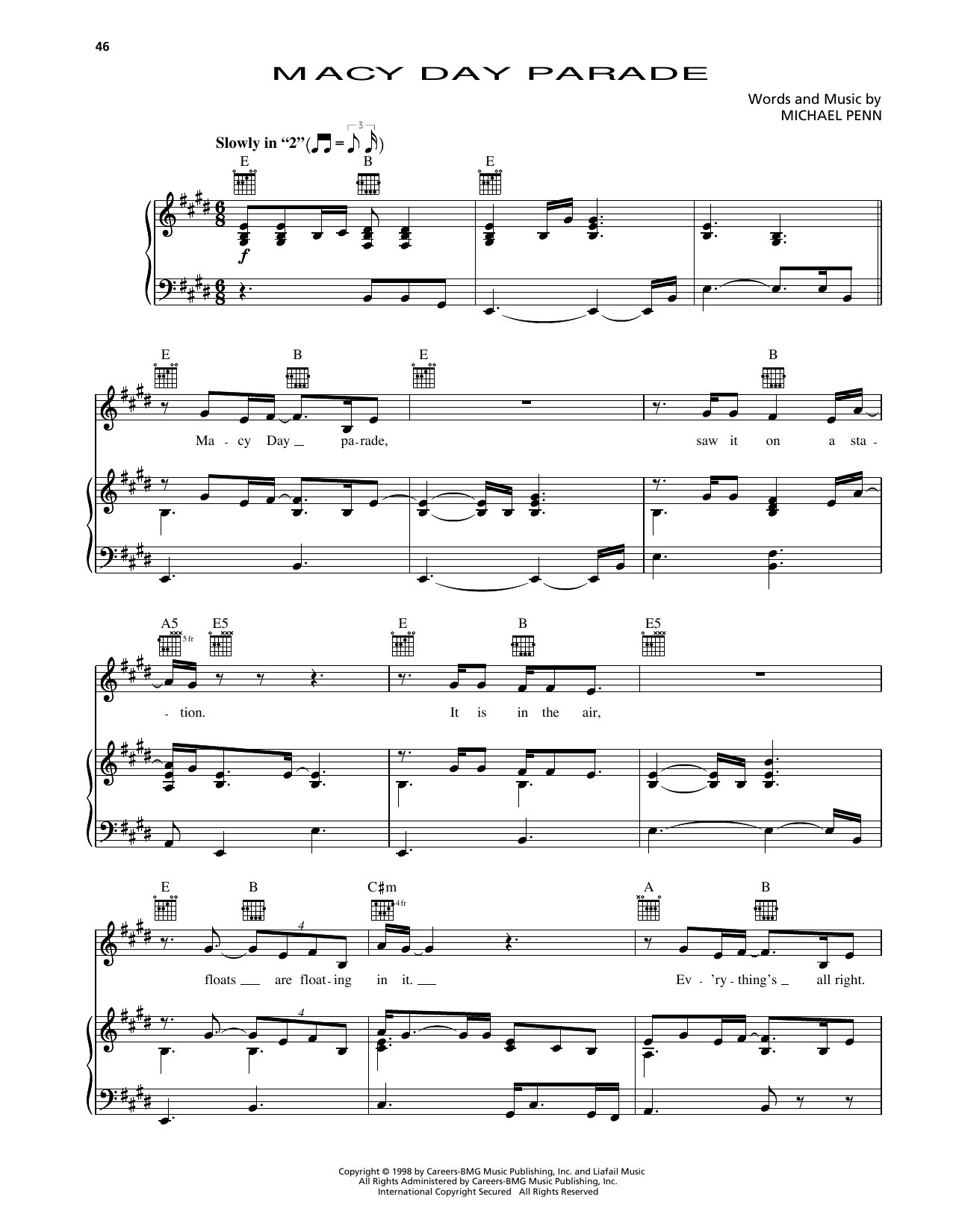 Michael Penn Macy Day Parade (from Godzilla) sheet music notes and chords arranged for Piano, Vocal & Guitar Chords (Right-Hand Melody)
