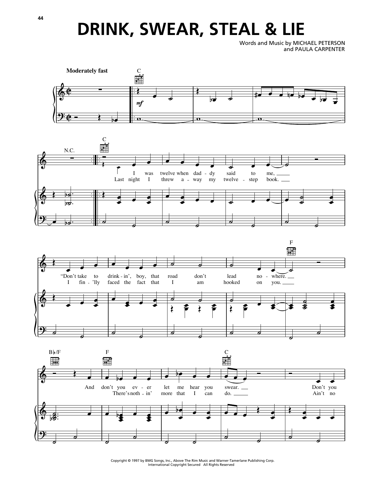 Michael Peterson Drink, Swear, Steal & Lie sheet music notes and chords arranged for Piano, Vocal & Guitar Chords (Right-Hand Melody)