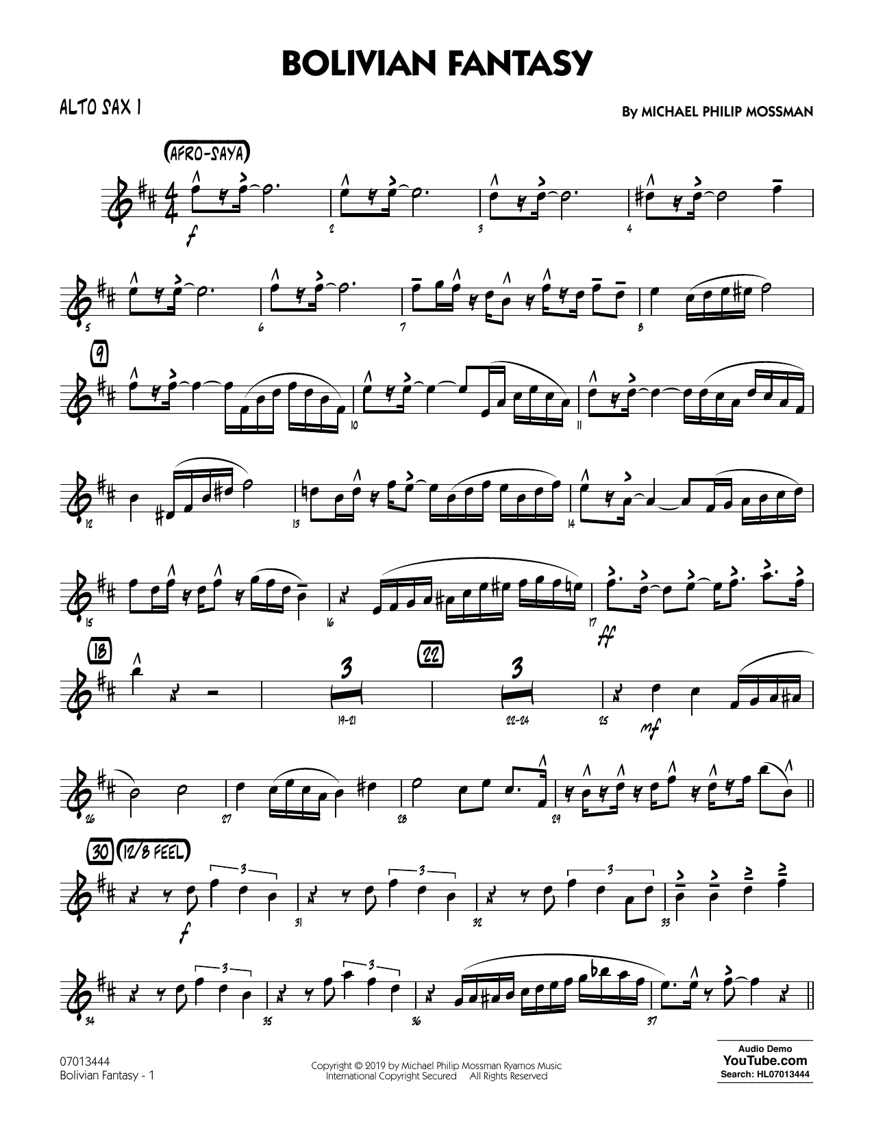 Michael Philip Mossman Bolivian Fantasy - Alto Sax 1 sheet music notes and chords arranged for Jazz Ensemble