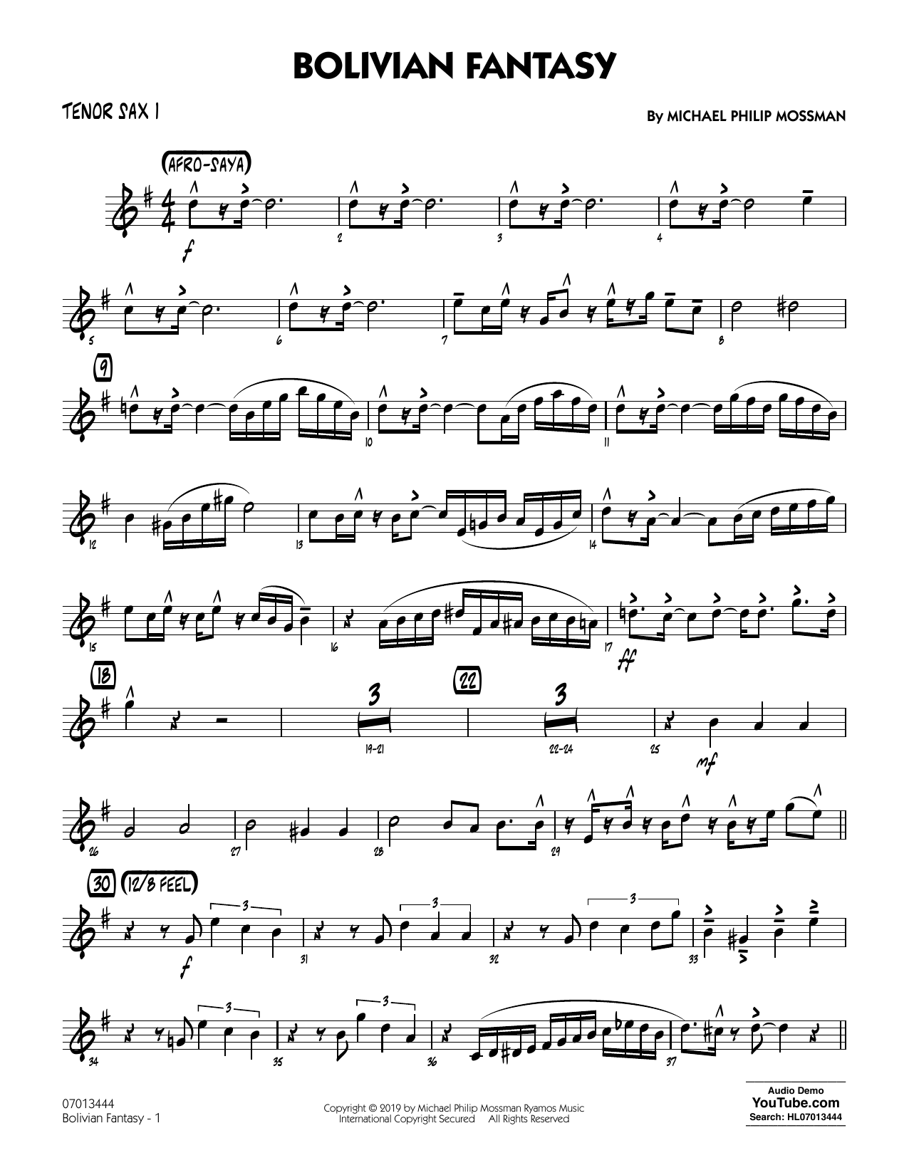 Michael Philip Mossman Bolivian Fantasy - Tenor Sax 1 sheet music notes and chords arranged for Jazz Ensemble
