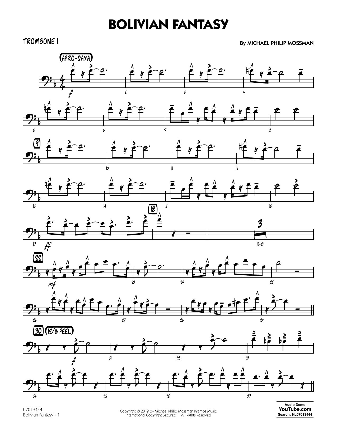 Michael Philip Mossman Bolivian Fantasy - Trombone 1 sheet music notes and chords arranged for Jazz Ensemble