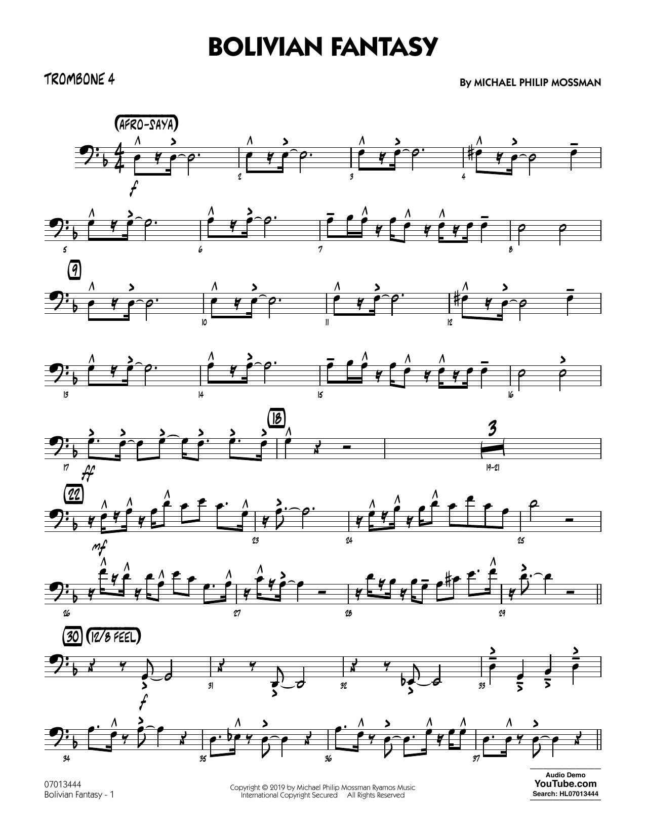 Michael Philip Mossman Bolivian Fantasy - Trombone 4 sheet music notes and chords arranged for Jazz Ensemble