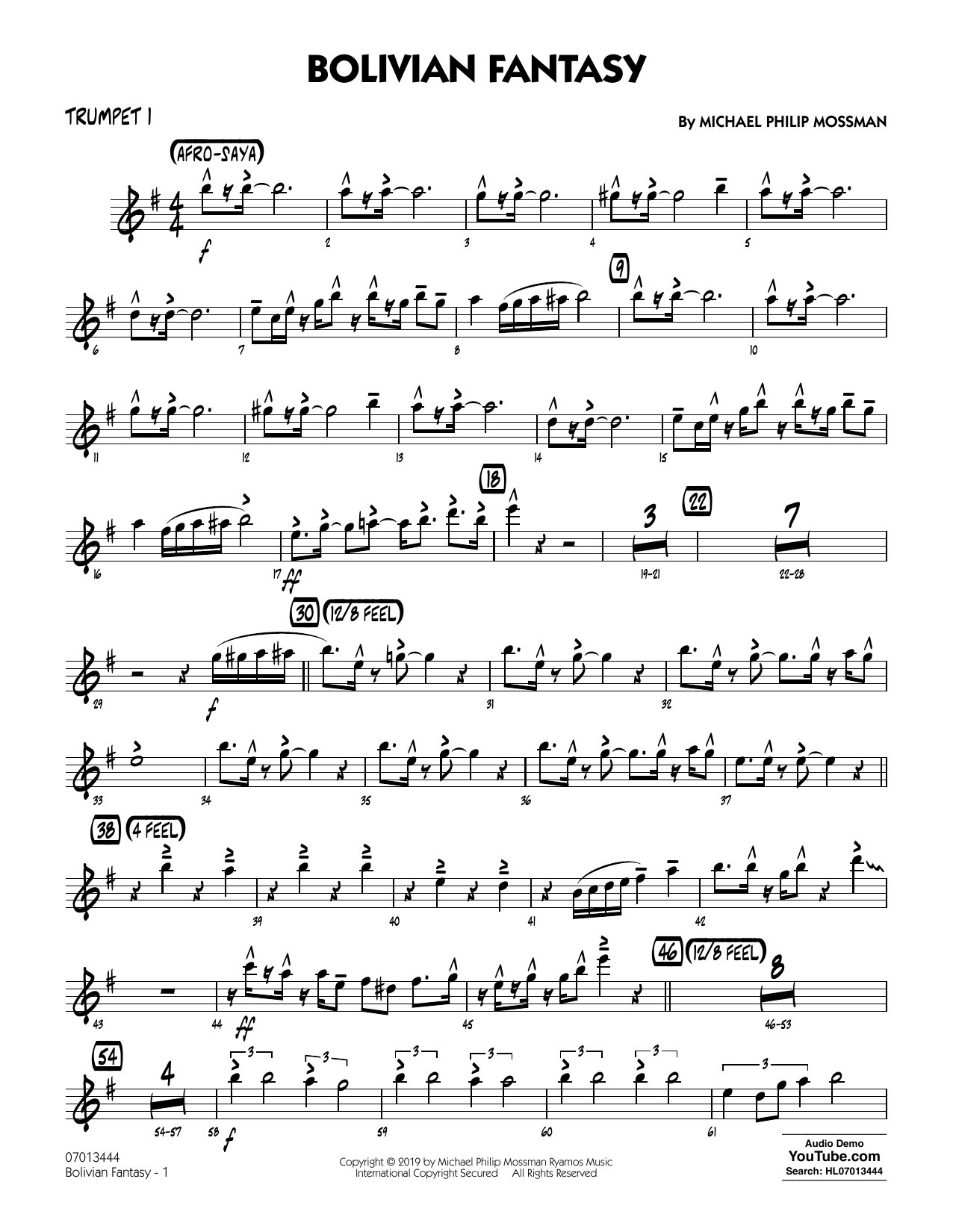 Michael Philip Mossman Bolivian Fantasy - Trumpet 1 sheet music notes and chords arranged for Jazz Ensemble