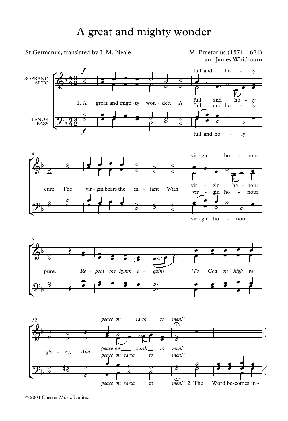 Michael Praetorius A Great and Mighty Wonder (arr. James Whitbourn) sheet music notes and chords arranged for SATB Choir