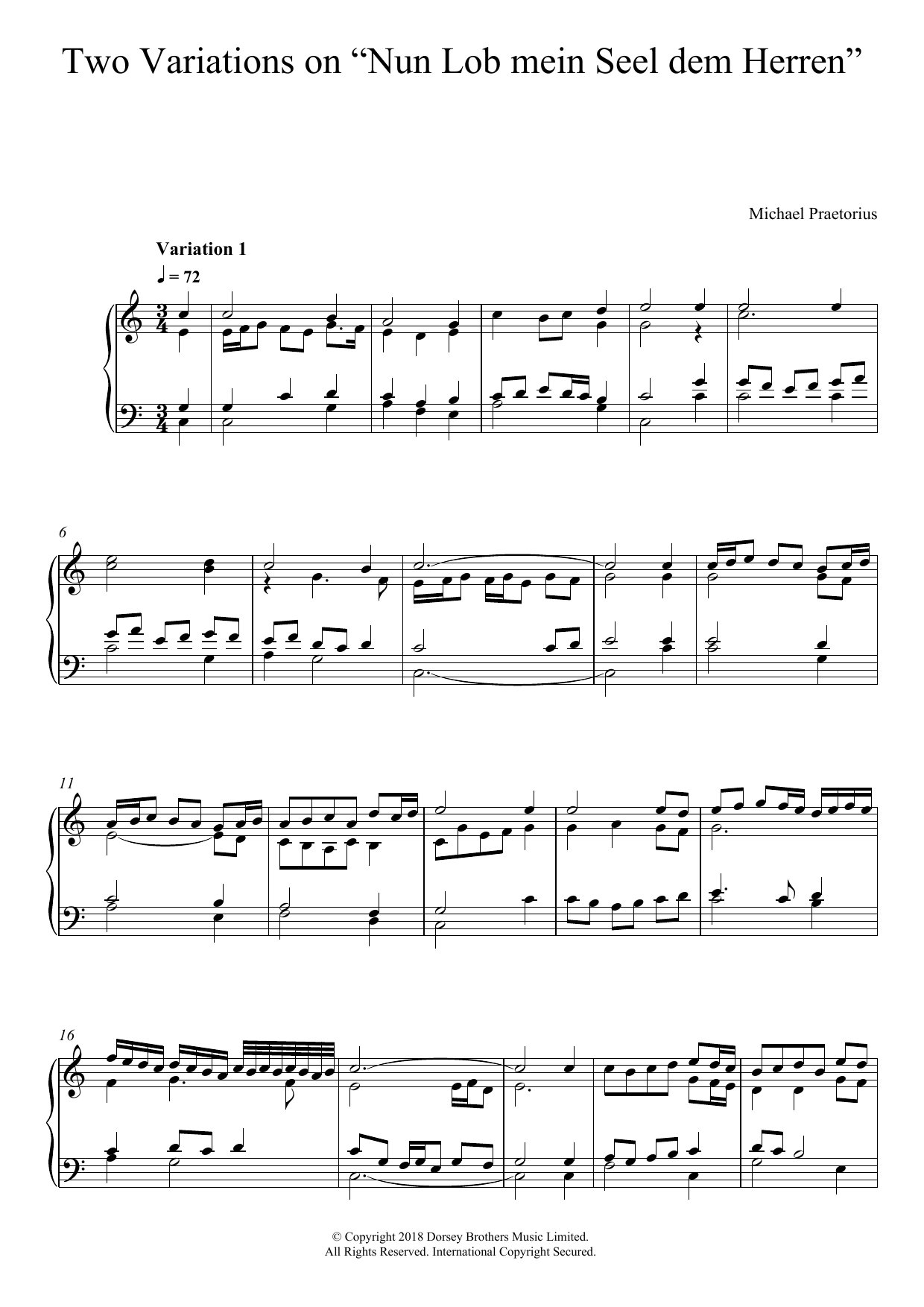Michael Praetorius Two Variations On 'Nun Lob Mein Seel Dem Herren' sheet music notes and chords arranged for Piano Solo