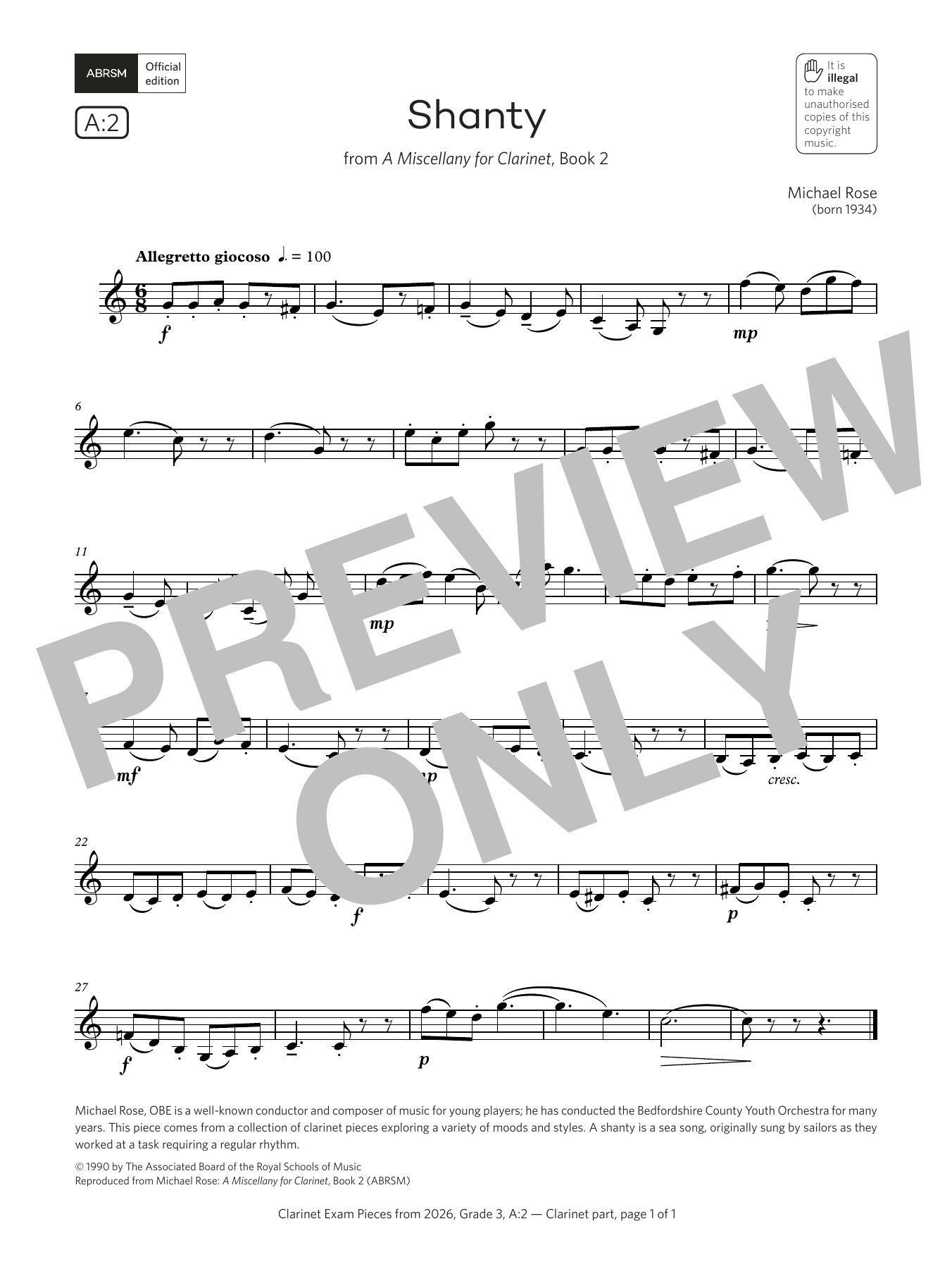 Michael Rose Shanty (Grade 3, list A2, from the ABRSM Clarinet Syllabus from 2026) sheet music notes and chords arranged for Clarinet Solo