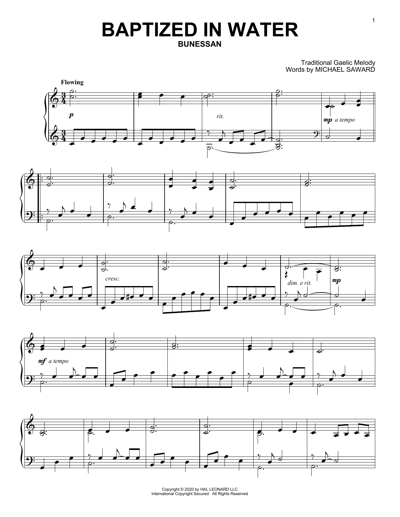 Michael Saward Baptized In Water sheet music notes and chords arranged for Piano Solo