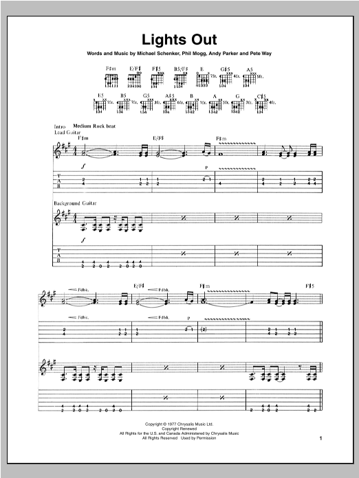 Michael Schenker Lights Out sheet music notes and chords arranged for Guitar Tab