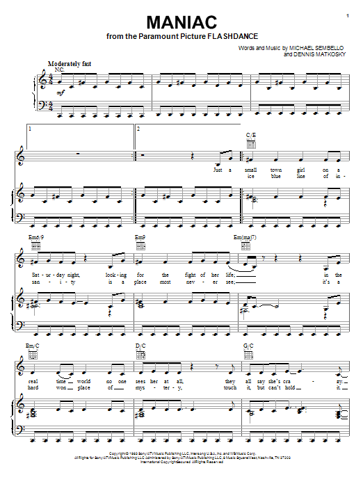 Michael Sembello Maniac sheet music notes and chords arranged for Clarinet Solo